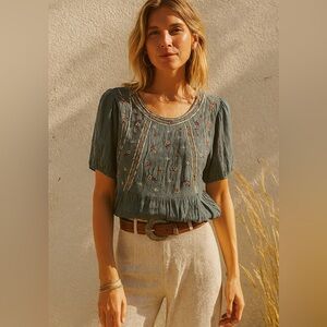 Knox Rose Boho Embroidered Top L Romantic Fairycore Cottagecore Festival Blue
